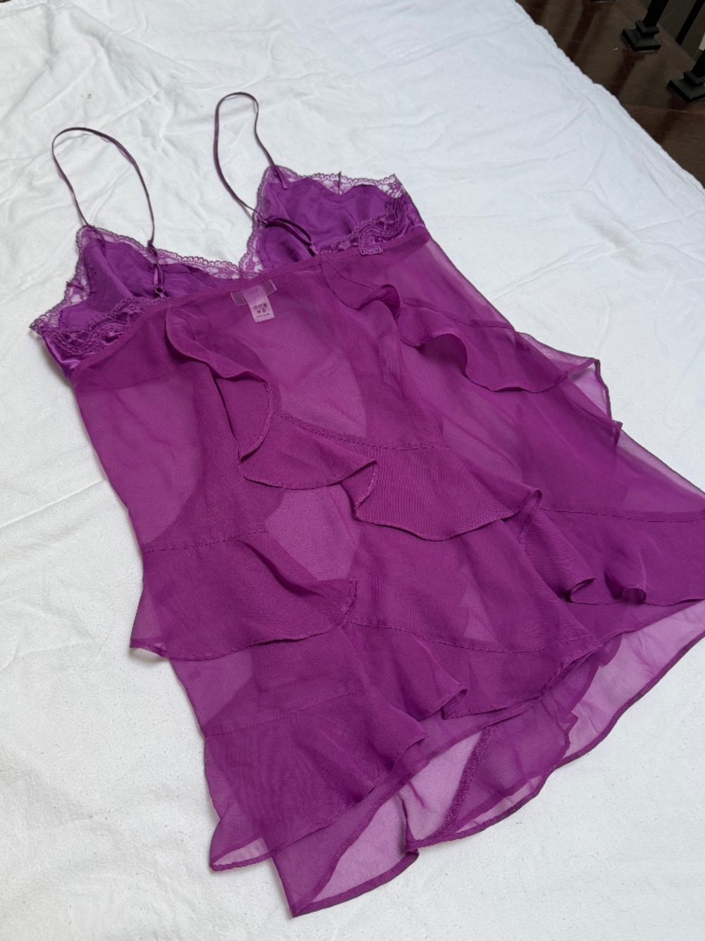 VINTAGE y2k La SENZA purple lace tiered ruffle babydoll slip top L - Picture 7 of 12